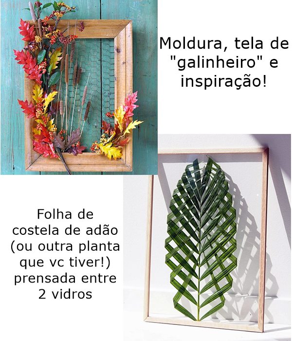 quadros com tela de galinheiro e folhas