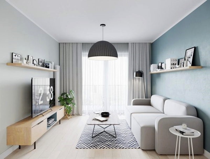 sala minimalista em azul e cinza