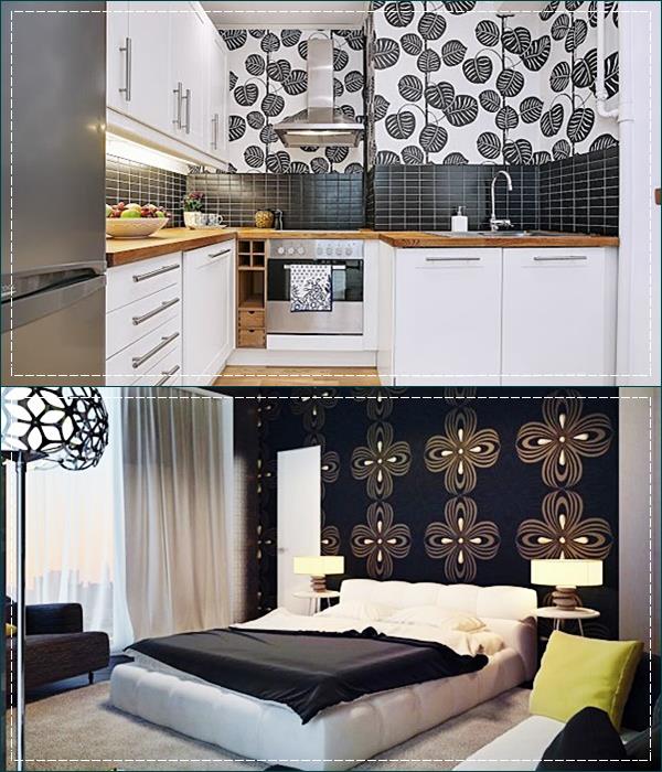 cozinha e quarto em preto e branco