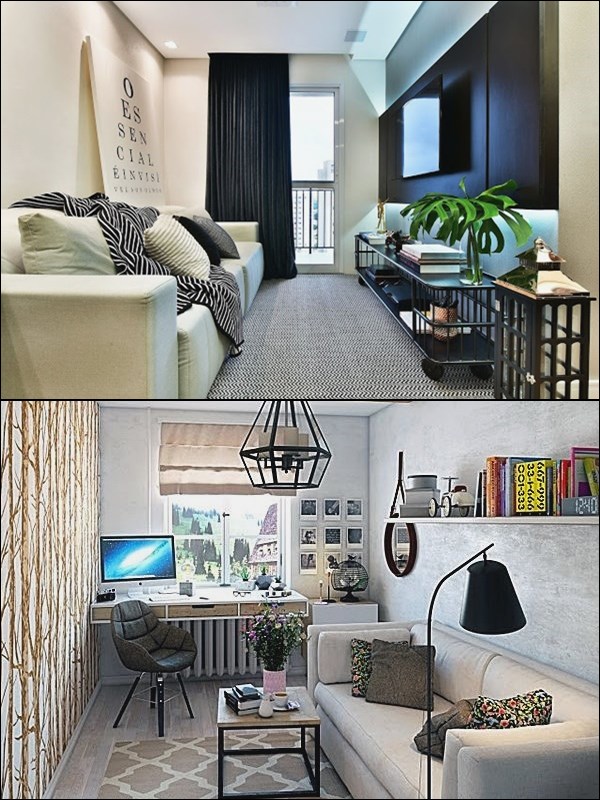24 salas-corredor - Pequenas e estreitas 14 Decoração preto e branco e cantinho de escritório