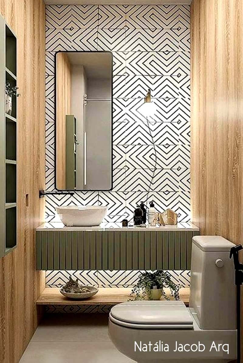 banheiro usando o verde - cerâmica geométrica - verde e madeira
