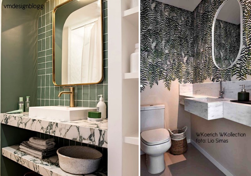 banheiro usando o verde - 2 banheiros usando verde na parede da bancada e papel de parede com desenho de samambaias