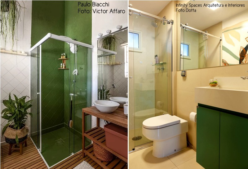 banheiro usando o verde - 2 banheiros usando verde no box e no armário